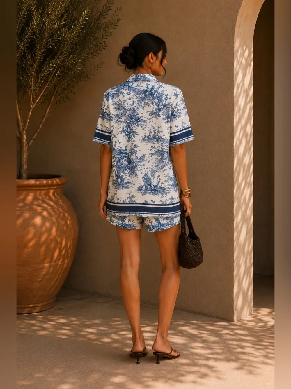 Commense Blue Printed Contrast Trim Shorts Set S | European Summer Co-Ord